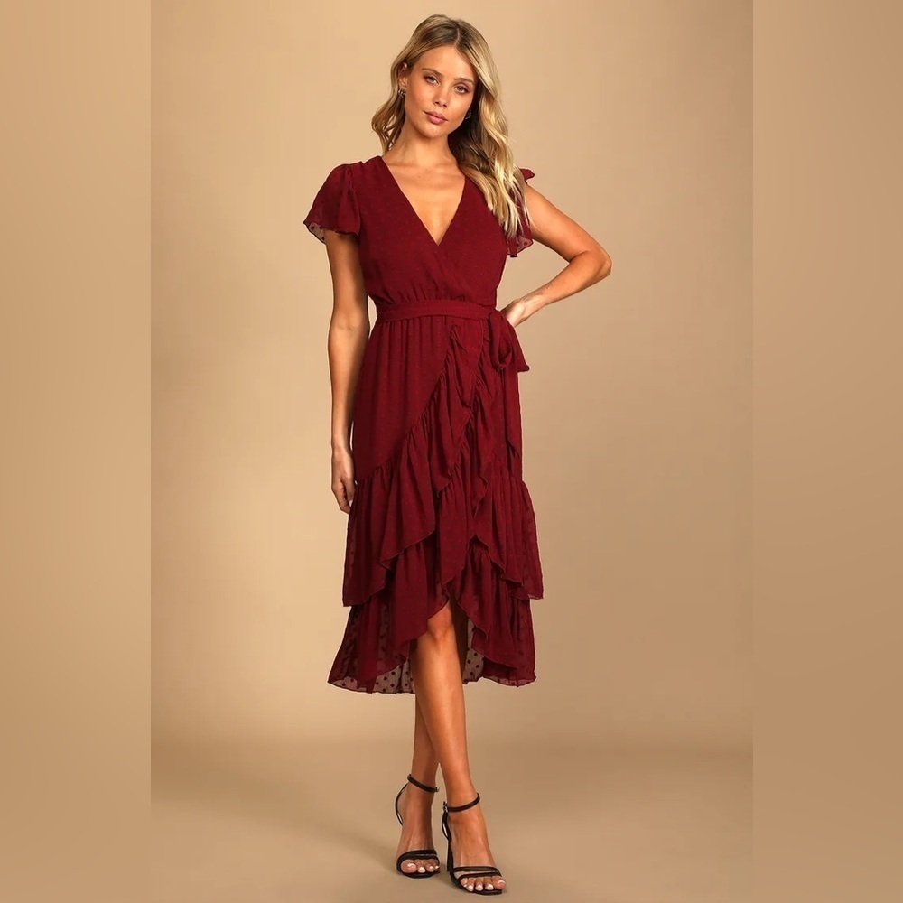 NWT Lulus Maroon Red Midi Dress Have Harmony Swiss Dot Ruffled Tiered Faux Wrap